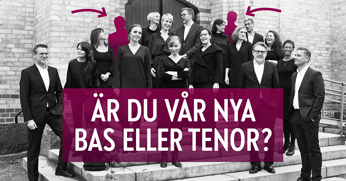 Svartvit bild på kör som står på kyrktrappa, text: Är du vår nya bas eller tenor?